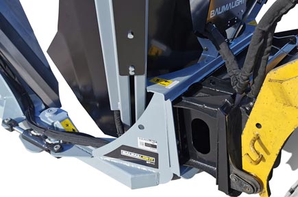 Depending on your skidsteer model, the wheel base may be too close to the hoses when the DR434 tilts all the way back. If this is the case, the D005198 extension adaptor protects the hoses by pushing out the spade away from the wheel base.