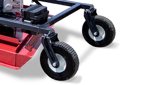 The trail mower uses flat free tires. The front two wheels swivel for optimal movement and the rear two are fixed in position