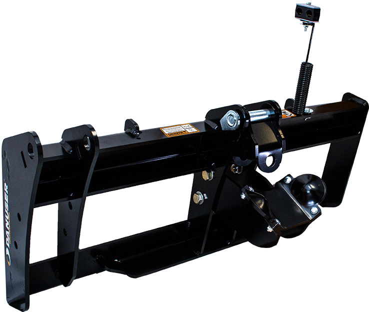 Mounting Kit attaches the drive unit to skid-steer quick attach with standard 2-pin system and SAE quick couplers. Two mounting positions available allow use with front-end loaders and skid-steers, and two cradle positions for transporting at 15° or 30° angles. Includes knuckle, cradle, hose holder spring kit, and hardware.
