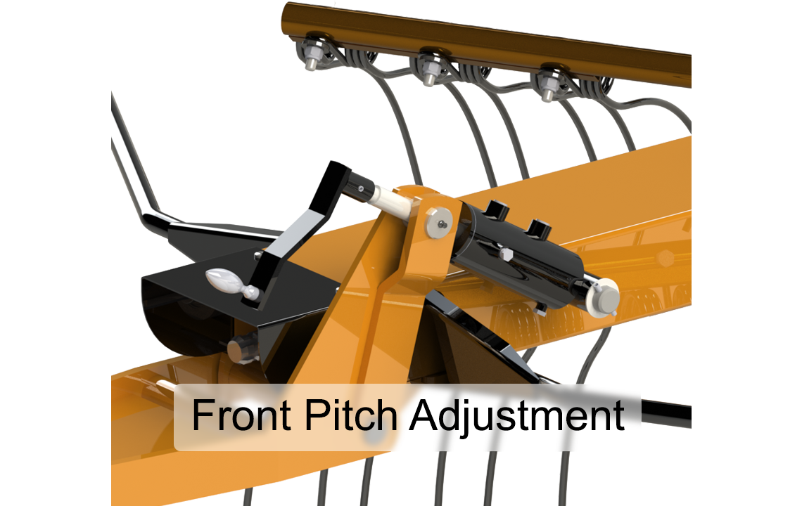 Pitch adjustment is quick and easy. Using the crank on the front lift cylinder the rake is set and will always return to the raking position when lowered into raking position