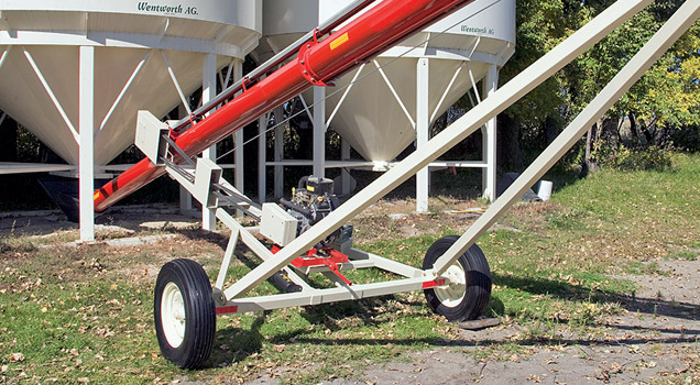 The double flighting intake increases grain flow. A narrow safety guard and removable clevis hitch improve access to bins with small auger ports.