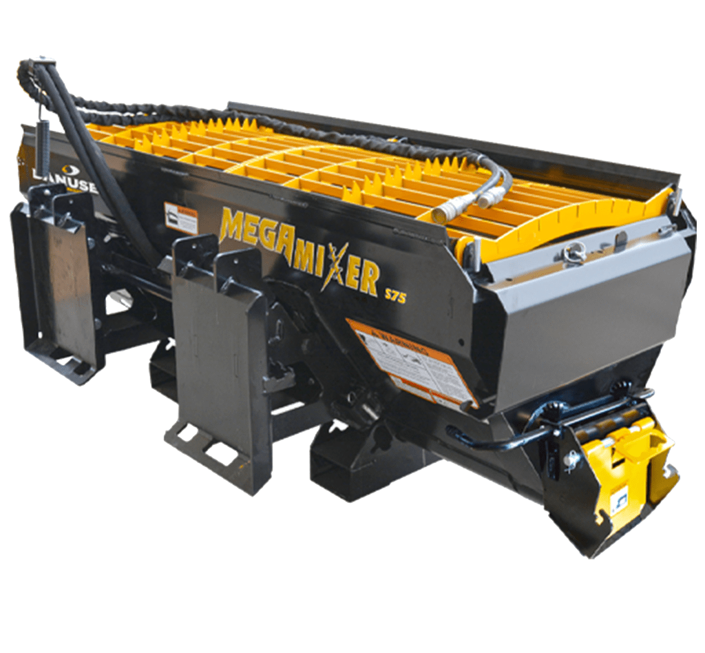 BUILT IN CUTTING EDGES MAKE THE MEGA MIXER THE PERFECT BUCKET FOR SCOOPING IN THE MATERIAL INSTEAD HAND LOADING